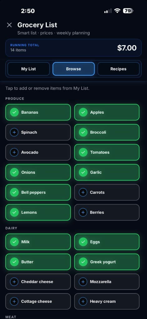 Smart grocery list with price tracking — 2ND PRIME AI