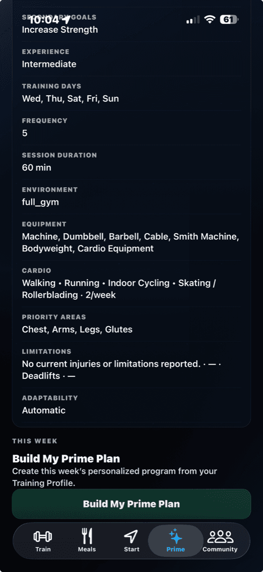 Prime workout plan setup