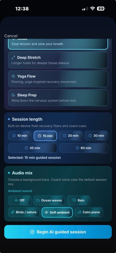 Recovery session length and ambient audio — 2ND PRIME AI